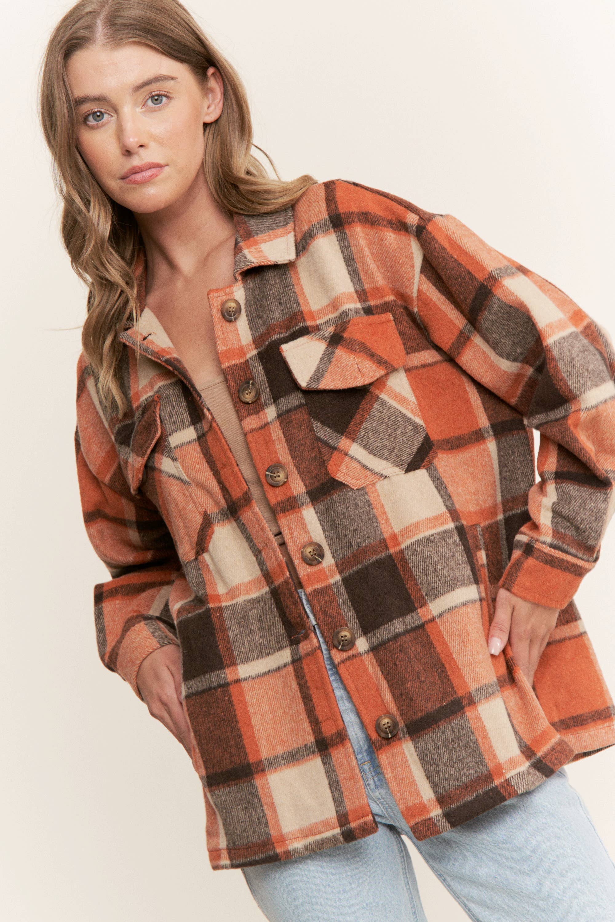 Sweet Generis - Wholesale Shirt Jacket/Shacket - Women's - FUZZY PLAID BUTTON DOWN FLANNEL SHIRT JACKET35