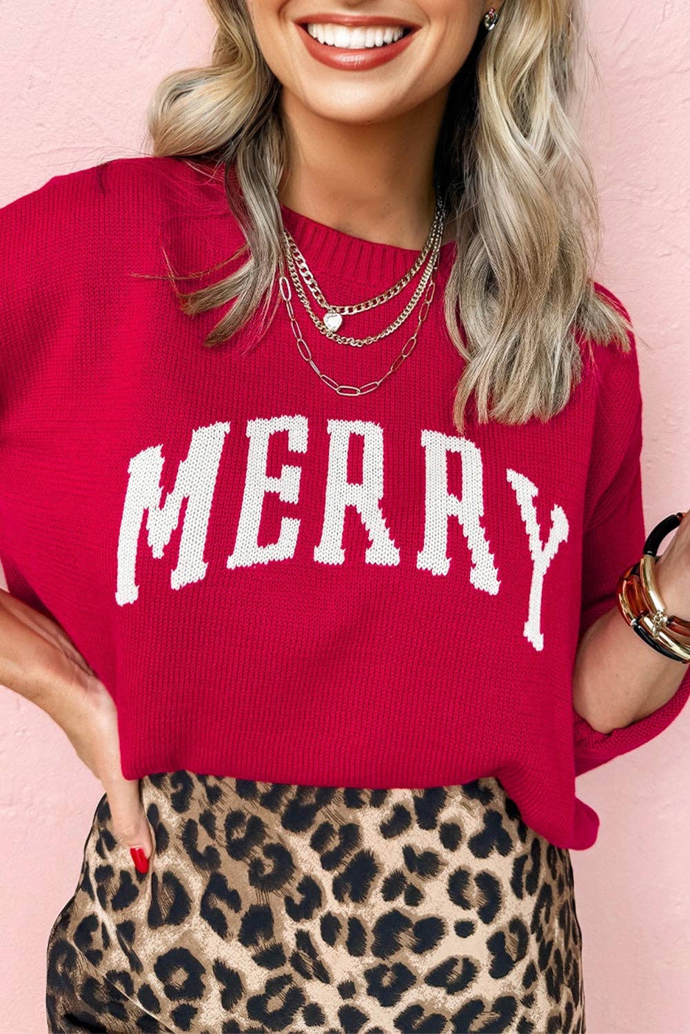 Fiery Red MERRY Christmas Drop Shoulder Baggy Sweater for wholesale on Faire
