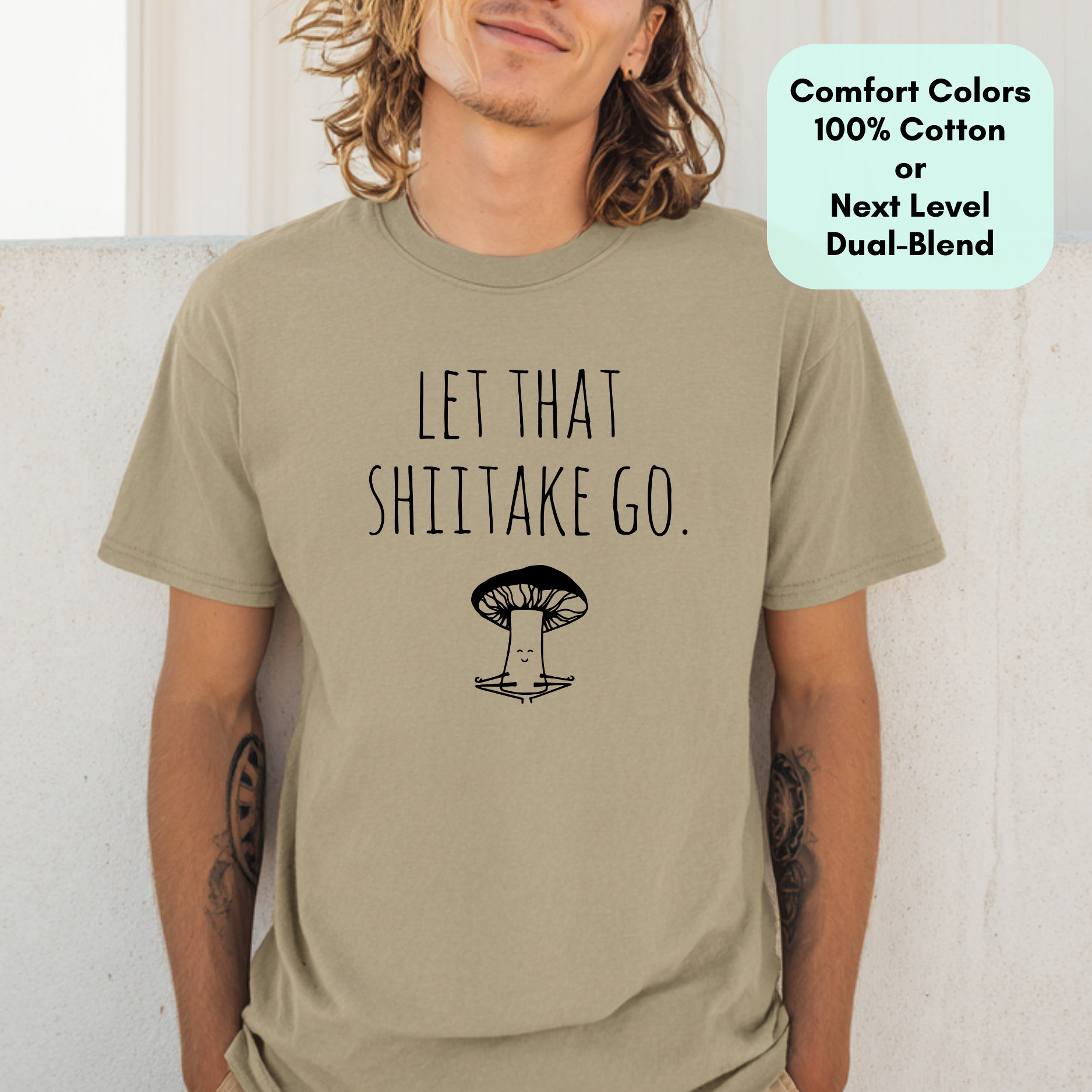 Moonlight Makers - Wholesale T-shirt met print - Heren - Let That Shiitake Go - Grappig T-shirt voor heren - Mushroom, Yoga10