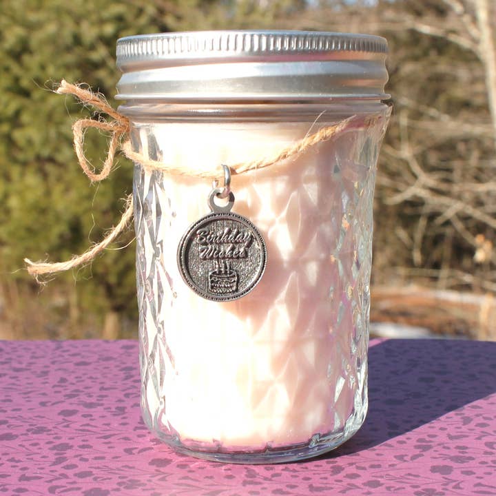 Birthday Wishes Glass Mason Jar soy wood wick Candle for wholesale by Chubby Chico Charms
