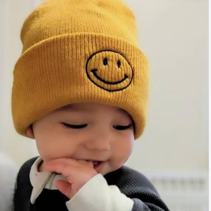 Little Mama Shirt Shop - Wholesale Beanie - Kids - Child Beanie - Smiley Face - Mustard w/ Black1