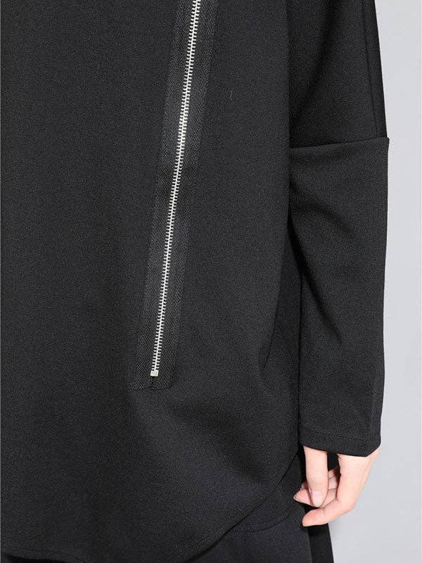 Sheer Trend - Wholesale Tunic - Women's - Black&White Asymmetric Zipper Split-Joint Loose T-Shirt Tops6