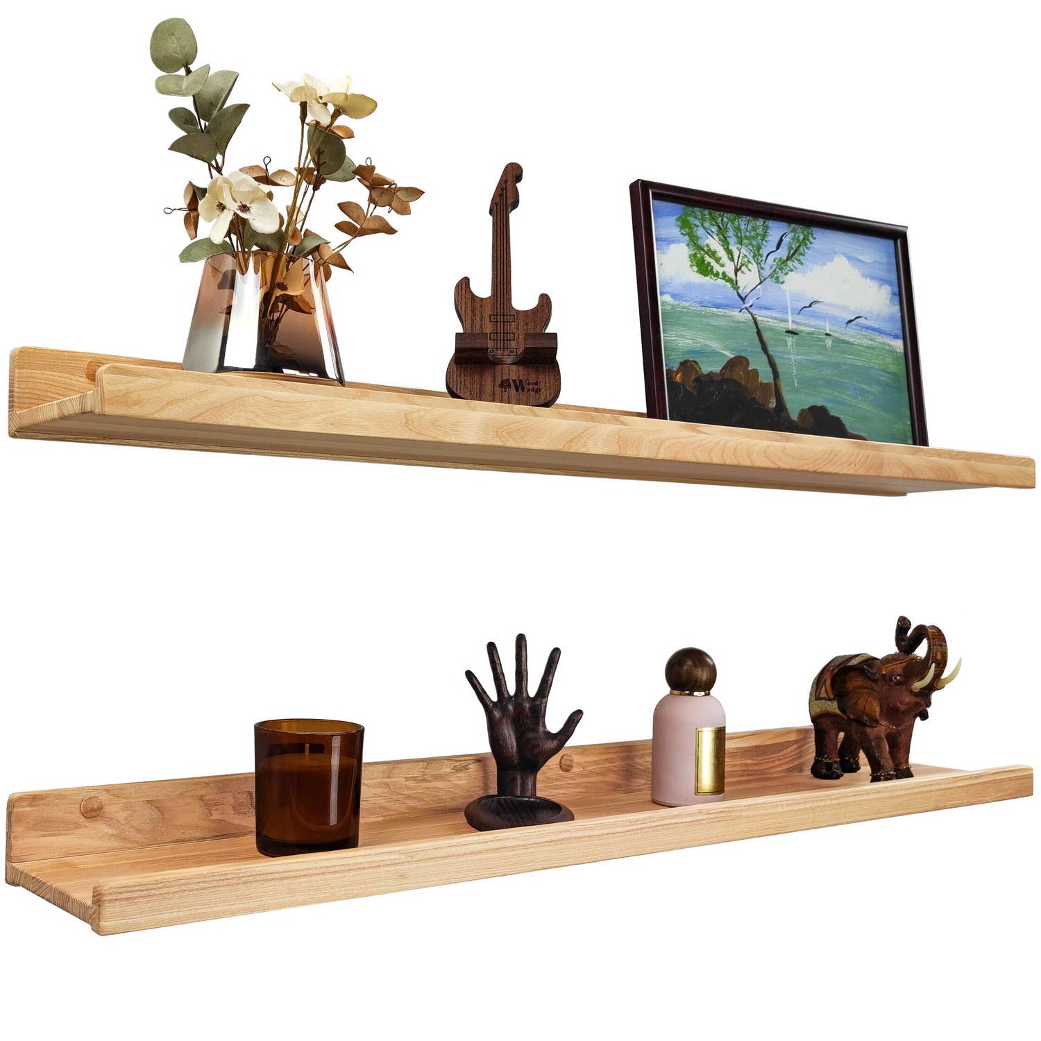 Wood Wedge - Vente Étagères murales - Étagères murales flottantes en frêne naturel avec rebord, lot de 2, 91 cm0