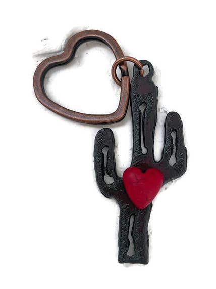 Rustic Metal Keychain Cactus shape with red heart for wholesale by The Rustic Barn