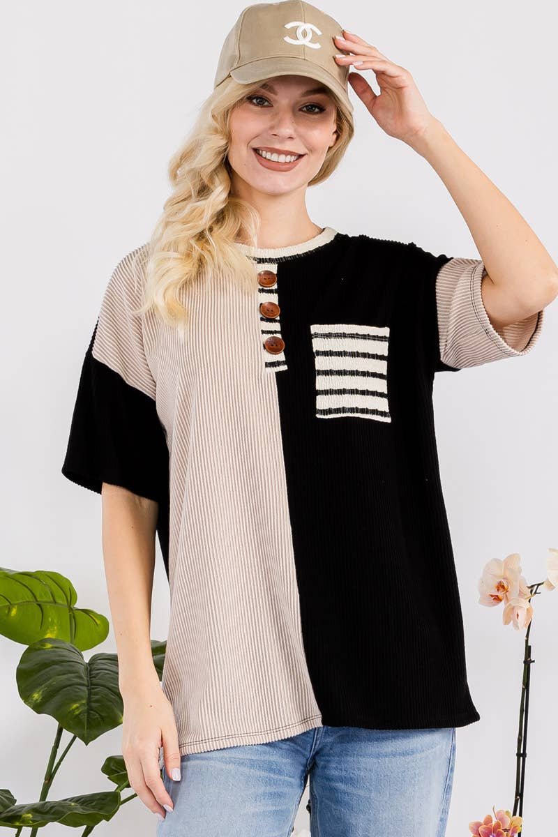 Celeste Clothing - Wholesale Tunic - Women's - URBAN RIB COLOR CONTRAST T-SHIRT WITH POCKET -CT43877A13