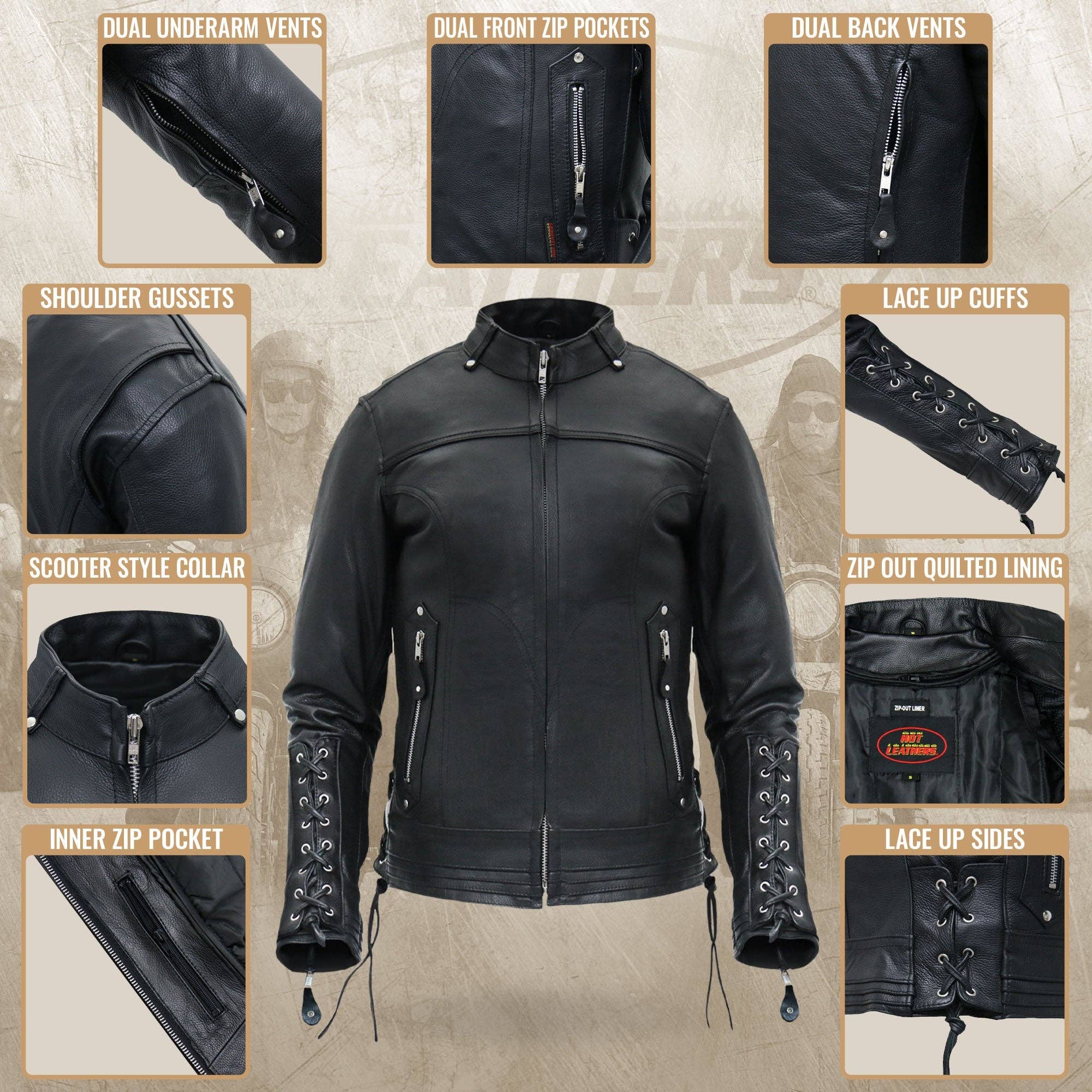 NEGRO Chaqueta motera de piel Hot Leathers JKL1025, estilo moto, mangas con cordones, para mujer de venta al por mayor en Faire9
