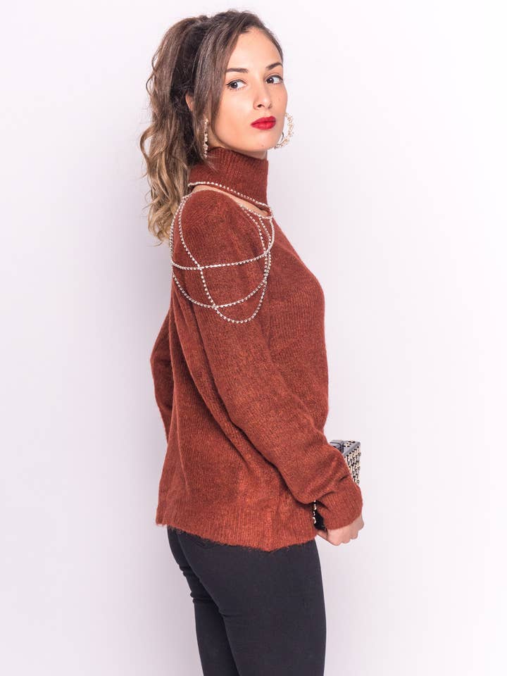 CY FASHION. LONDON - Vente Pull en maille – femme - Pull à épaules ouvertes avec chaîne