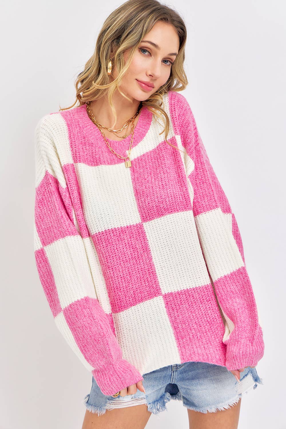 Sweet Lovely by Jen - Wholesale Knit Sweater - Women's - CASUAL SOFT COZY  RELAXED FIT CHECKER KNIT SWEATER47