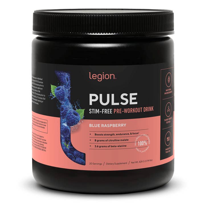 Legion Athletics, Inc. – wholesale Protein/superfood powder – Pulse Pre Workout - (Caffeine Free Blue Razz) 20 Serv