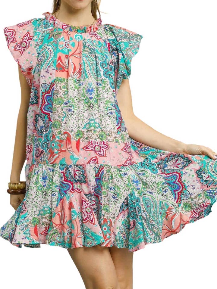 Patchwork Paisley Ruffle Sleeve Mini Dress for wholesale by Vanilla Monkey