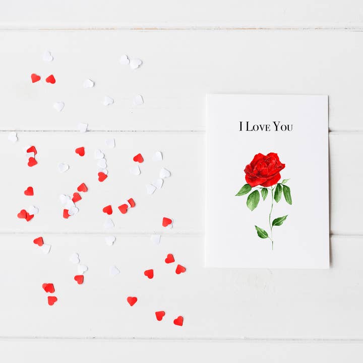Rode Roos "Ik Hou Van Jou" Valentijnskaart - 100% Gerecycled Papier voor wholesale door Chandler Strange Art