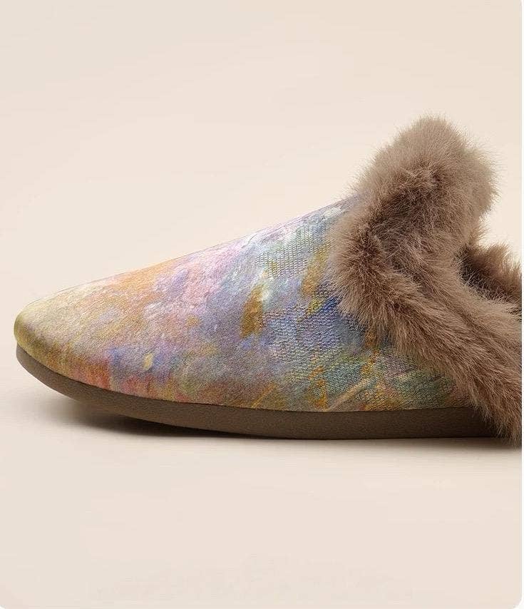 Lian Collection – wholesale Slippers – Women's – Silk Winter Slippers – Faux Fur‑Lined Silk Mules, Impressionist Art Print, Indoor Gift Slippers2