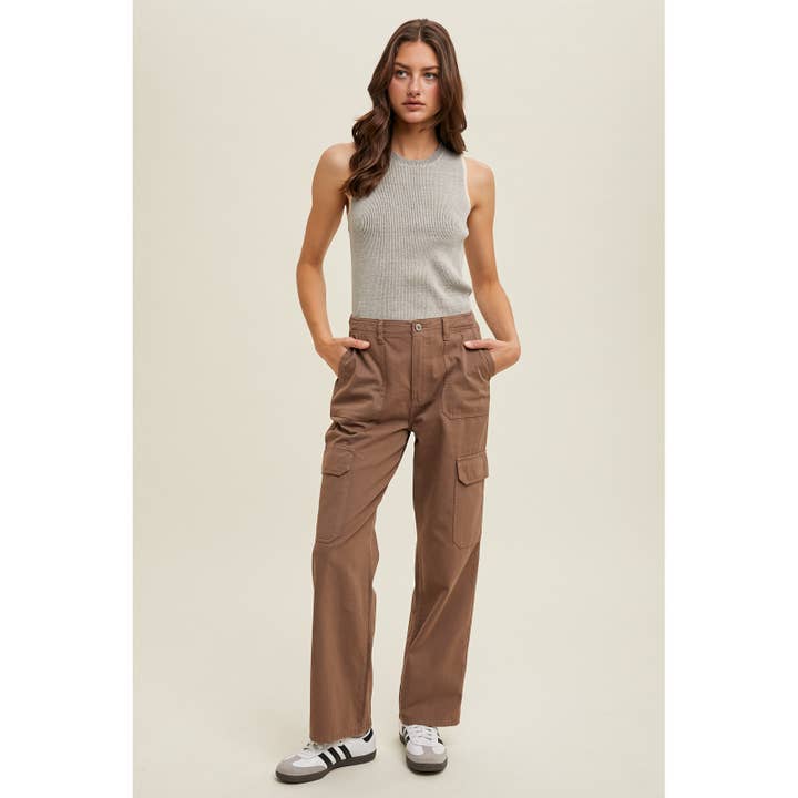 MOCHA STRAIGHT LEG CARGO PANTS / WL24-9186 for wholesale on Faire