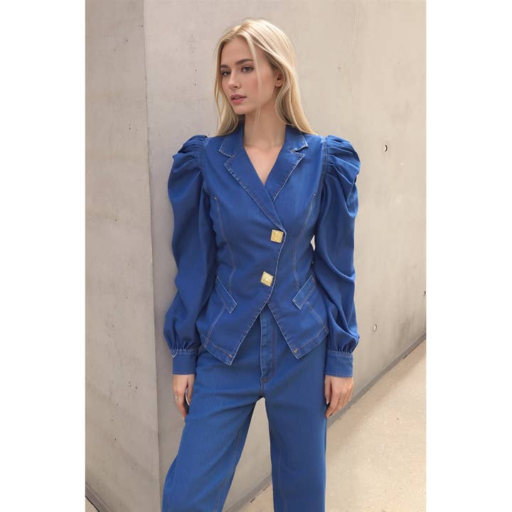X9967CT Puff Sleeve Denim Blazer Blouse for wholesale by XHHH Inc