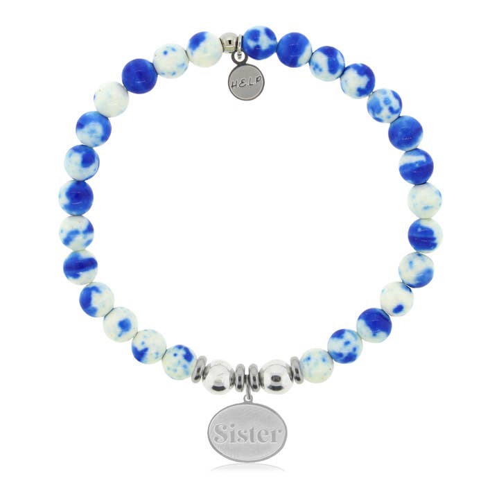 Brazalete benéfico con colgante de hermana con jade azul y blanco para venta al por mayor de H.E.L.P