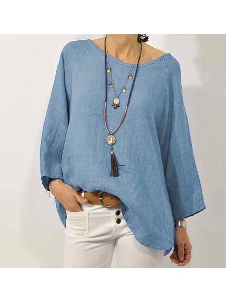 pinkblu02 - Wholesale Blouse - Women's - Plus Size Casual Solid Color Cotton Linen Blouse