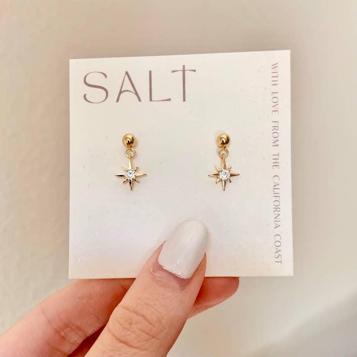 SALT by Sarah Curtis - Wholesale Stud/Post Earrings - STARBURST STUD DANGLES | gold | North star charm earrings
