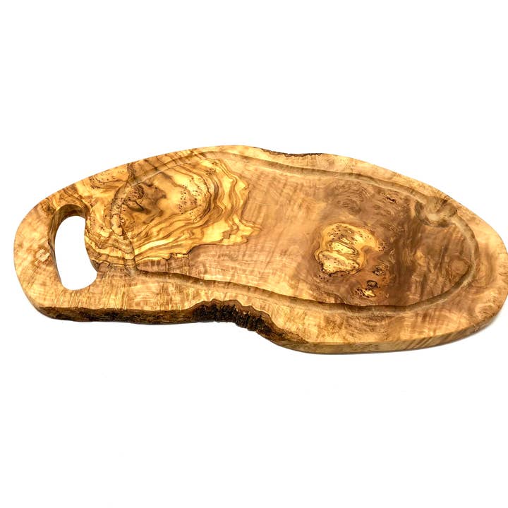 olivenholz-erleben - Wholesale Cutting Board - RUSTIC steak board with handle tab and juice groove (L45 — 49 cm)2