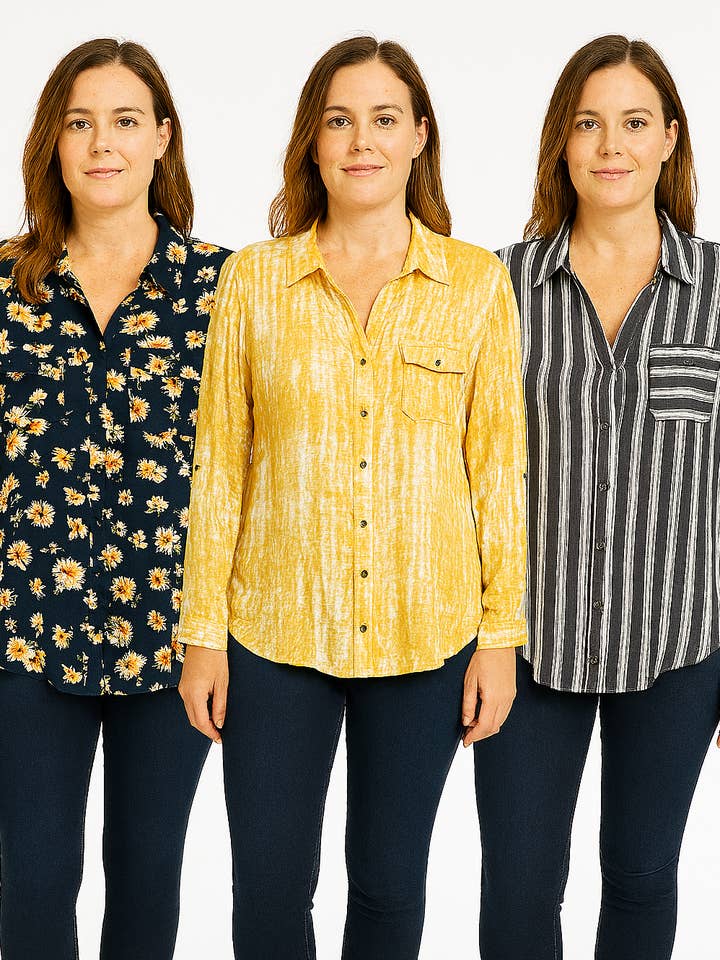 Womens Printed Long Sleeve Rayon Shirt  for wholesale by Empire Off Price