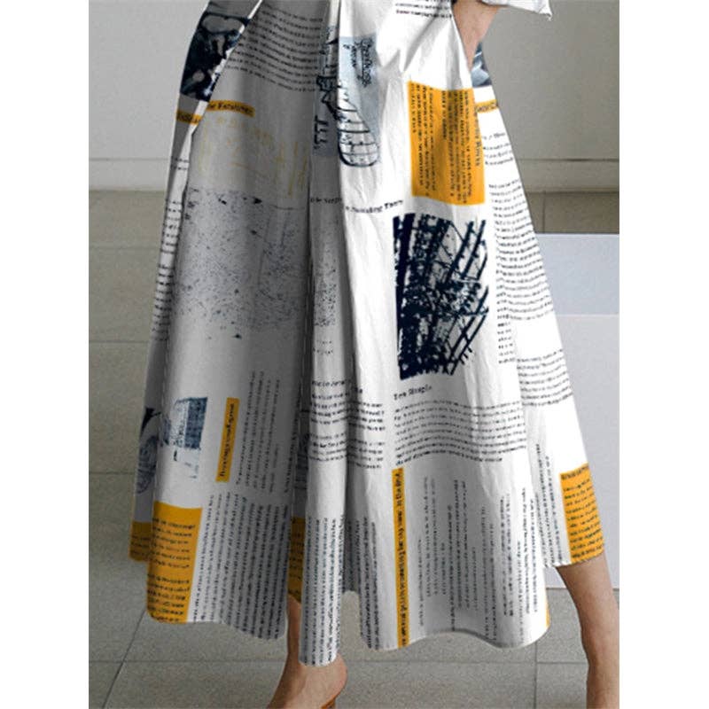 Yellow Long Sleeves Loose Newspaper Print Pleated Tied Waist Lapel Midi Dresses Shirt Dress for wholesale on Faire2