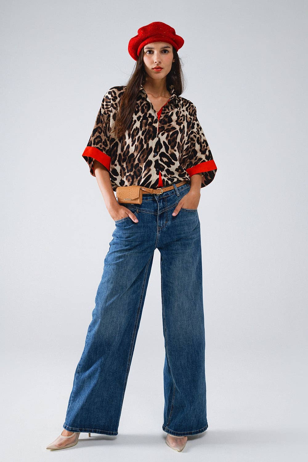 Castanho Camisa Leopardo Mangas 3/4 Com Detalhes Vermelhos para venda a revendedores na Faire2