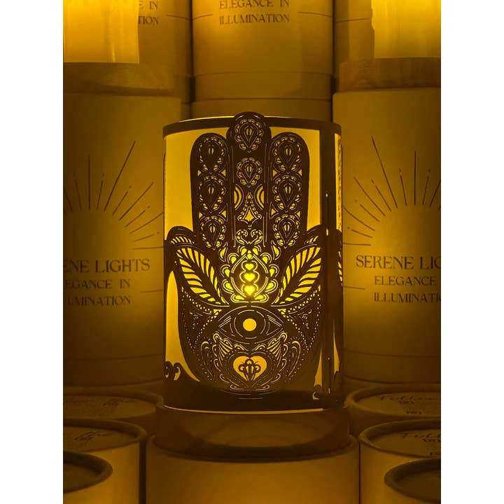 Serene Lights - Wholesale Decorative Tabletop Object - Hamsa, Decorative Candle Holder – Laser Etched, Handmade Wood Veneer, Rechargeable LED Candle
5