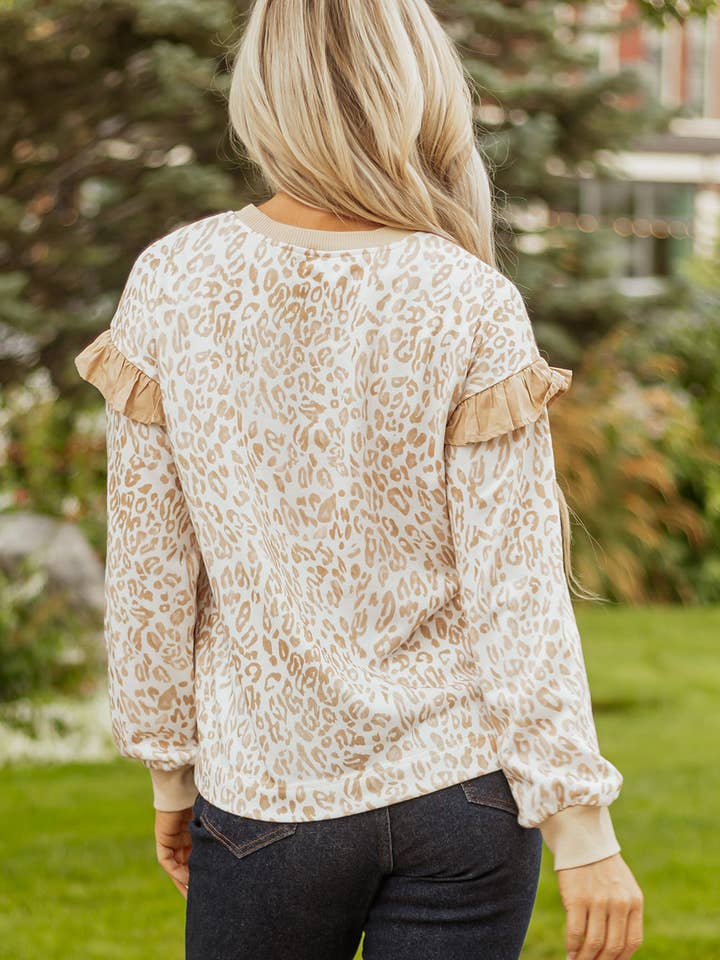Lovesoft - Wholesale Sweatshirt - Women's - Khaki Leopard Ruffle Detail Ribbed Trim Round Neck Sweatshirt1
