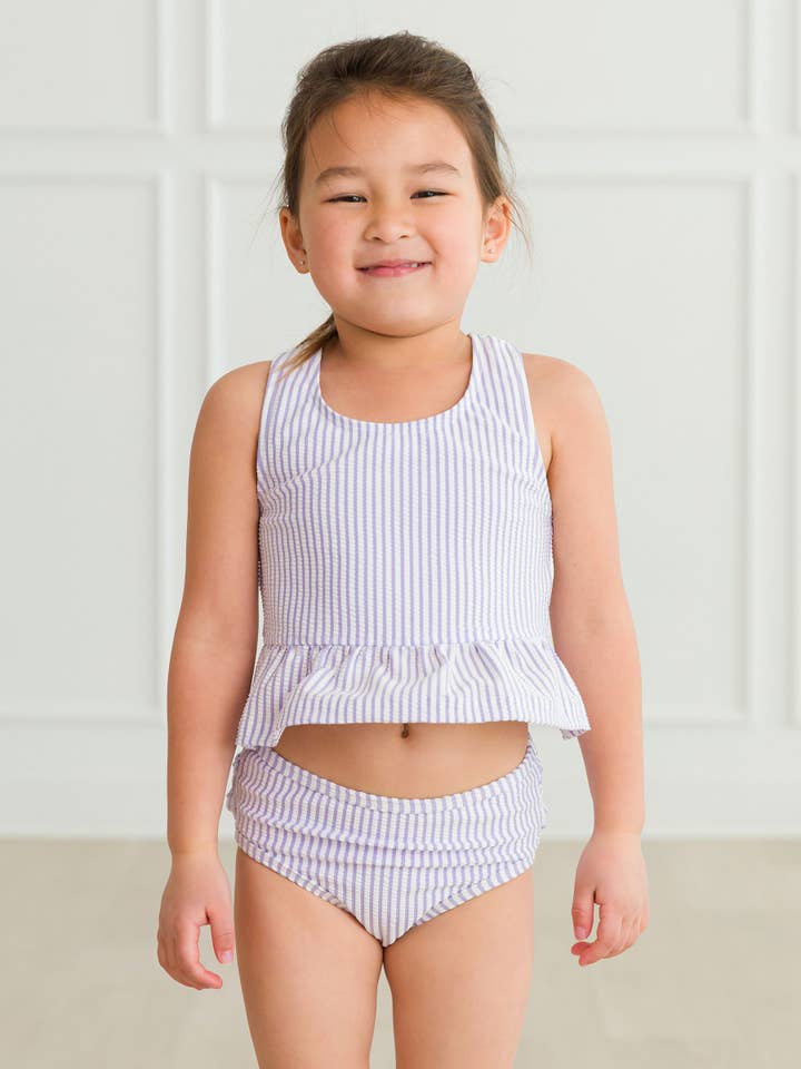 Purple Girls Lavender Seersucker Peplum Tankini 2-Piece Swimsuit with Signature Rear Ruffles
 for wholesale on Faire3