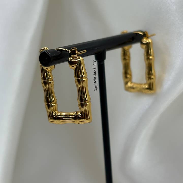 Gold ‘Brooklyn’ Bamboo Rectangle Hoops for wholesale by Damilola Jewellery