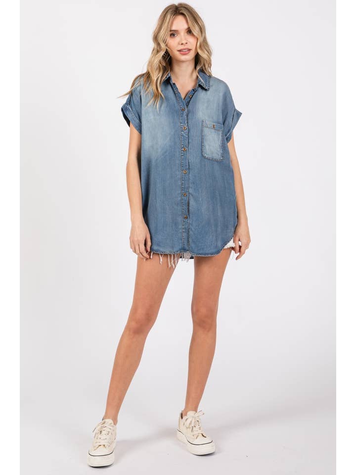 ZiA Apparel - Wholesale Button Down Shirt - Women's - Washed Roll Up Short Sleeve Shirt