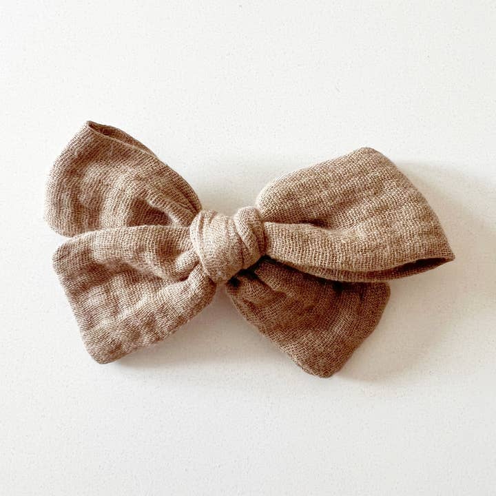 Mocha Muslin Bow with Clip | Baby & Toddler Hair Bow for wholesale by Bohemian Babies