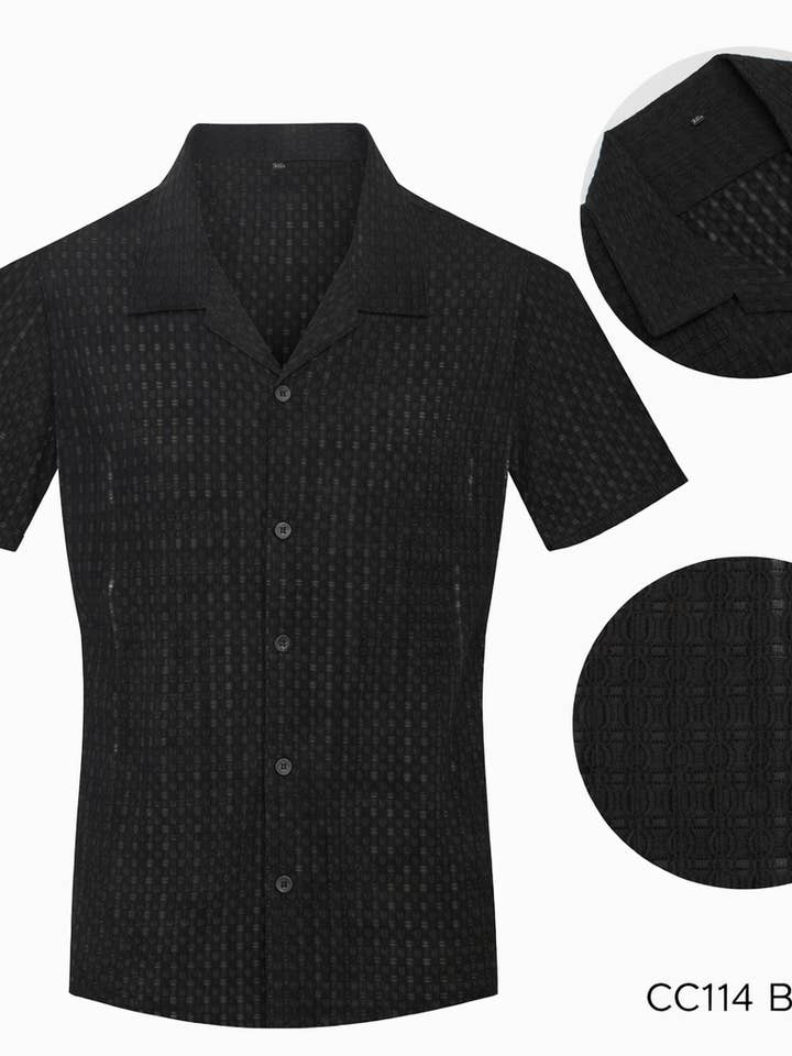 Camisa de manga curta com colarinho cubano em preto por atacado de Perruzo