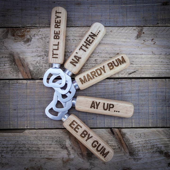 Yorkshire Dialect Wooden Handle Bottle Opener for wholesale by EllieBeanPrints