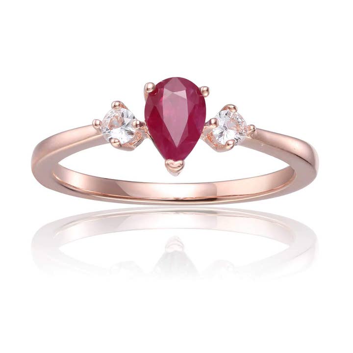 Rose Gold Plated Silver Ruby Three Stone Teardrop Ring for wholesale by FCJ Jewelry LLC