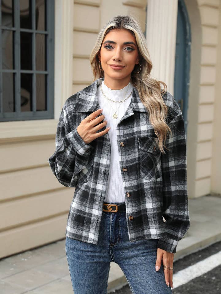 Lily Clothing - Wholesale Shirt Jacket/Shacket - Women's - LONG-SLEEVED PLAID WOOL JACKET WITH BAGGY POCKETS2