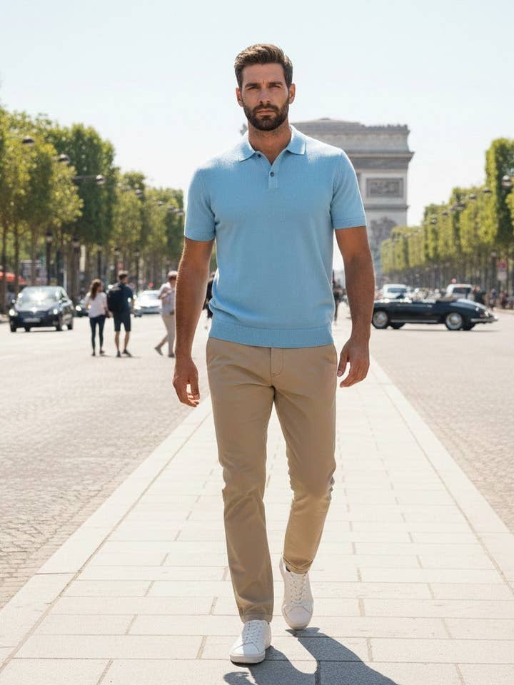 Polo de Algodão e Caxemira Cancale em malha piqué fina Azul Claro por atacado de Hommard