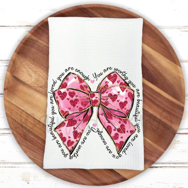 Valentine Heart Coquette Bow Kitchen Towel for wholesale by Painted Skies