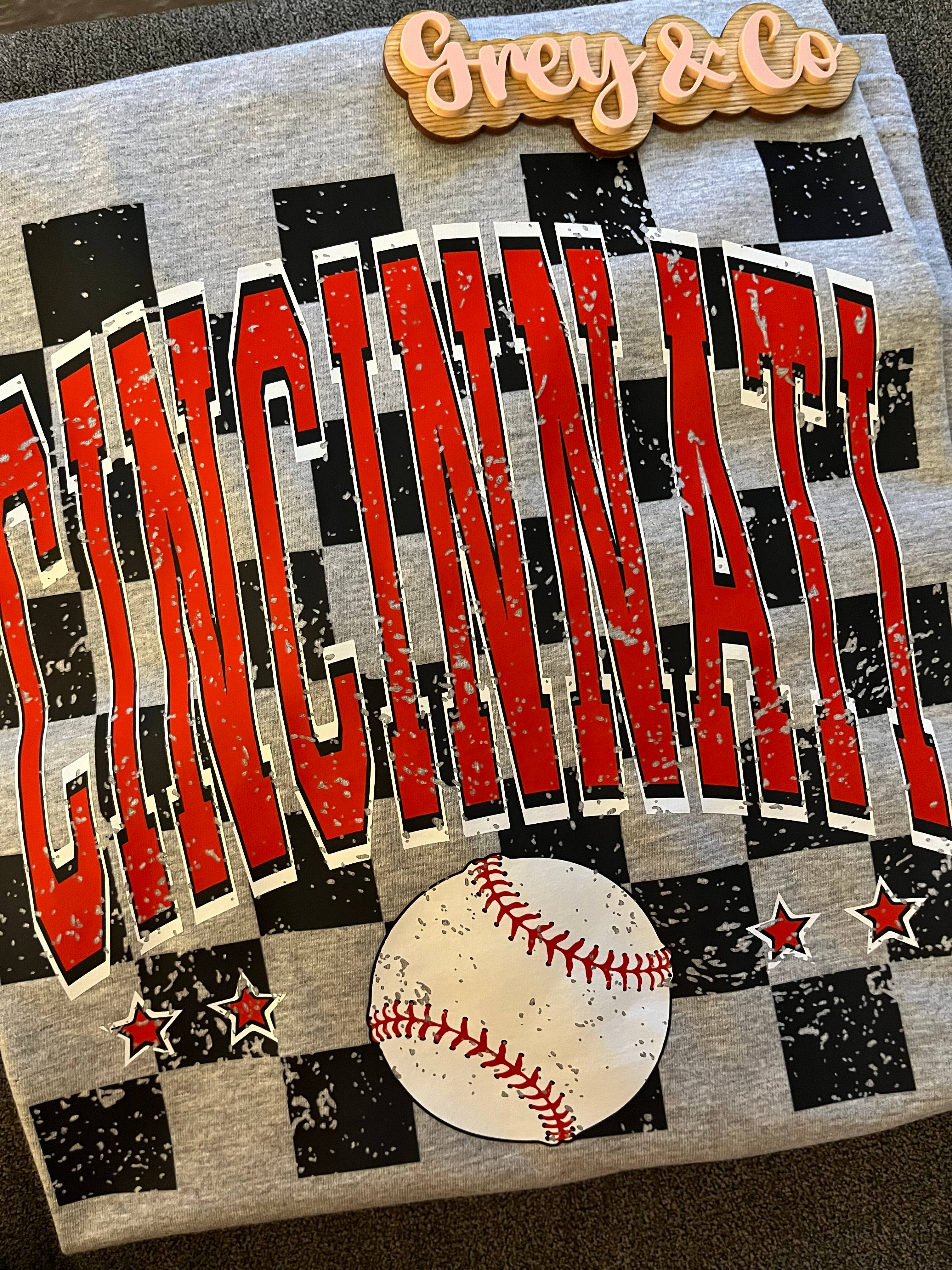 Grey&Co - Wholesale Graphic Sweatshirt - Women's - Cincinnati Reds Baseball Checkered Shirt2