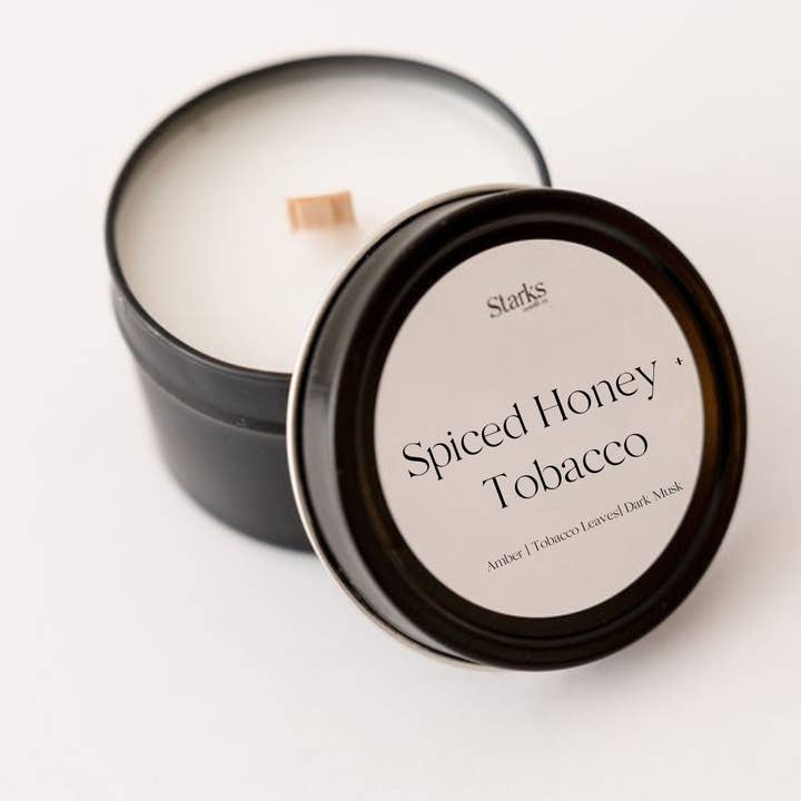 Starks candle co. - Wholesale Travel Candles - Spiced Honey + Tobacco 4 oz. Tin Candle