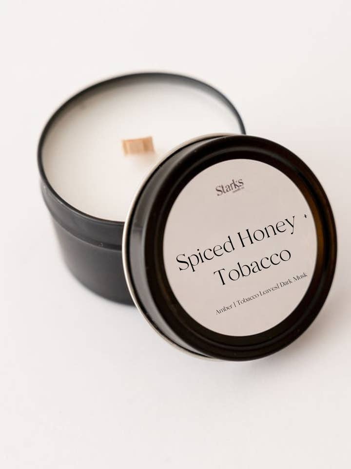 Spiced Honey + Tobacco 4 oz. Tin Candle for wholesale by Starks candle co.