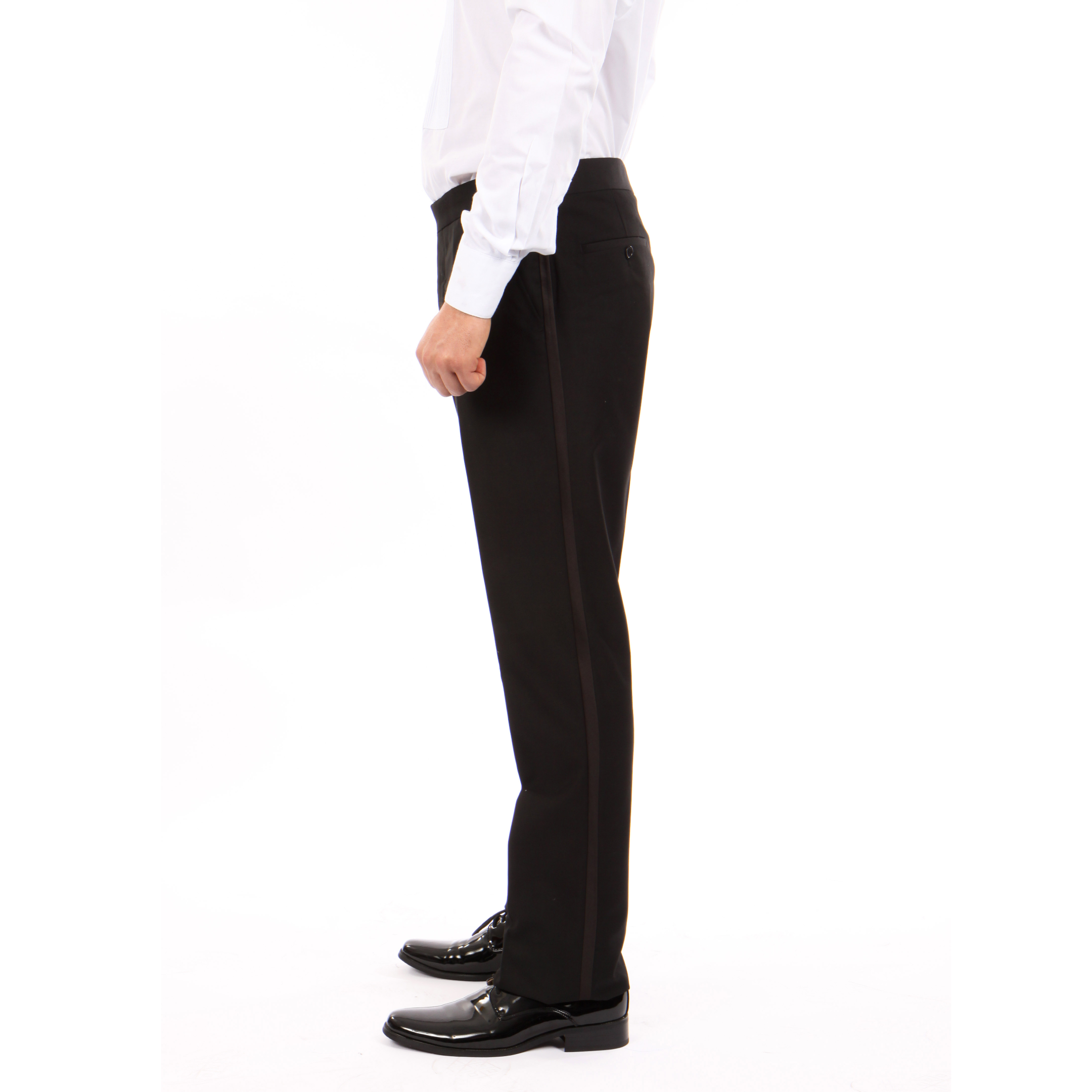Black Mens Tuxedo Pants w/ Metal Waist Adjuster & Satin Side Strip for wholesale on Faire1