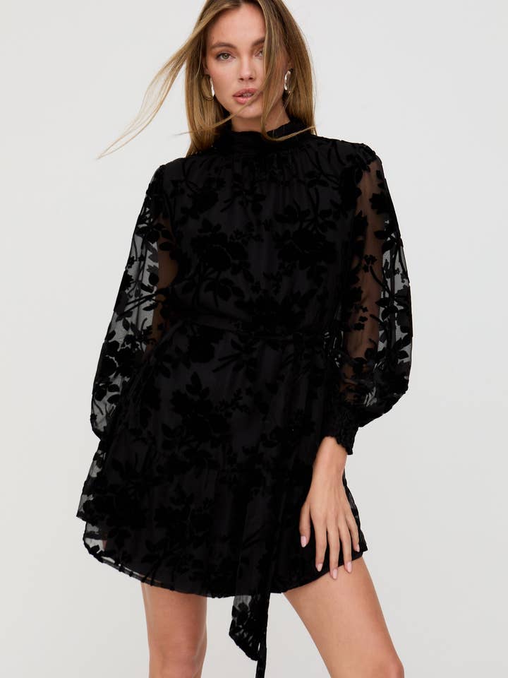 Brezze High Neck Velvet Burnout Mini Dress In Black for wholesale by Lily and Lionel