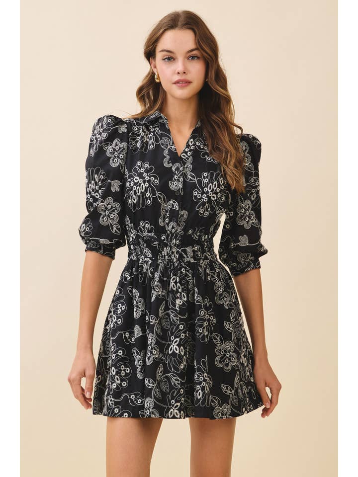 Black CD06298-Floral Print Collared Neck Elastic Waist Dress for wholesale on Faire1