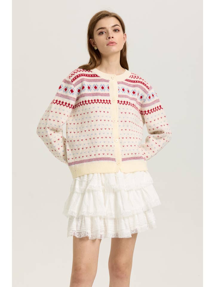 ROSIE POSIE - Wholesale Cardigan - Women's - Fair Isle Knit Cardigan with Red and Blue Accents