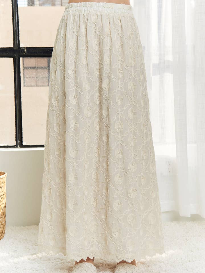 BEIGE CES3779WN- ELASTIC WAIST APPLIQUE MAXI SKIRT for wholesale on Faire