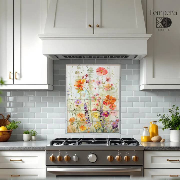 Vildblomsfält kakelmural, Blommig keramisk stänkskydd för wholesale av Tempera Art