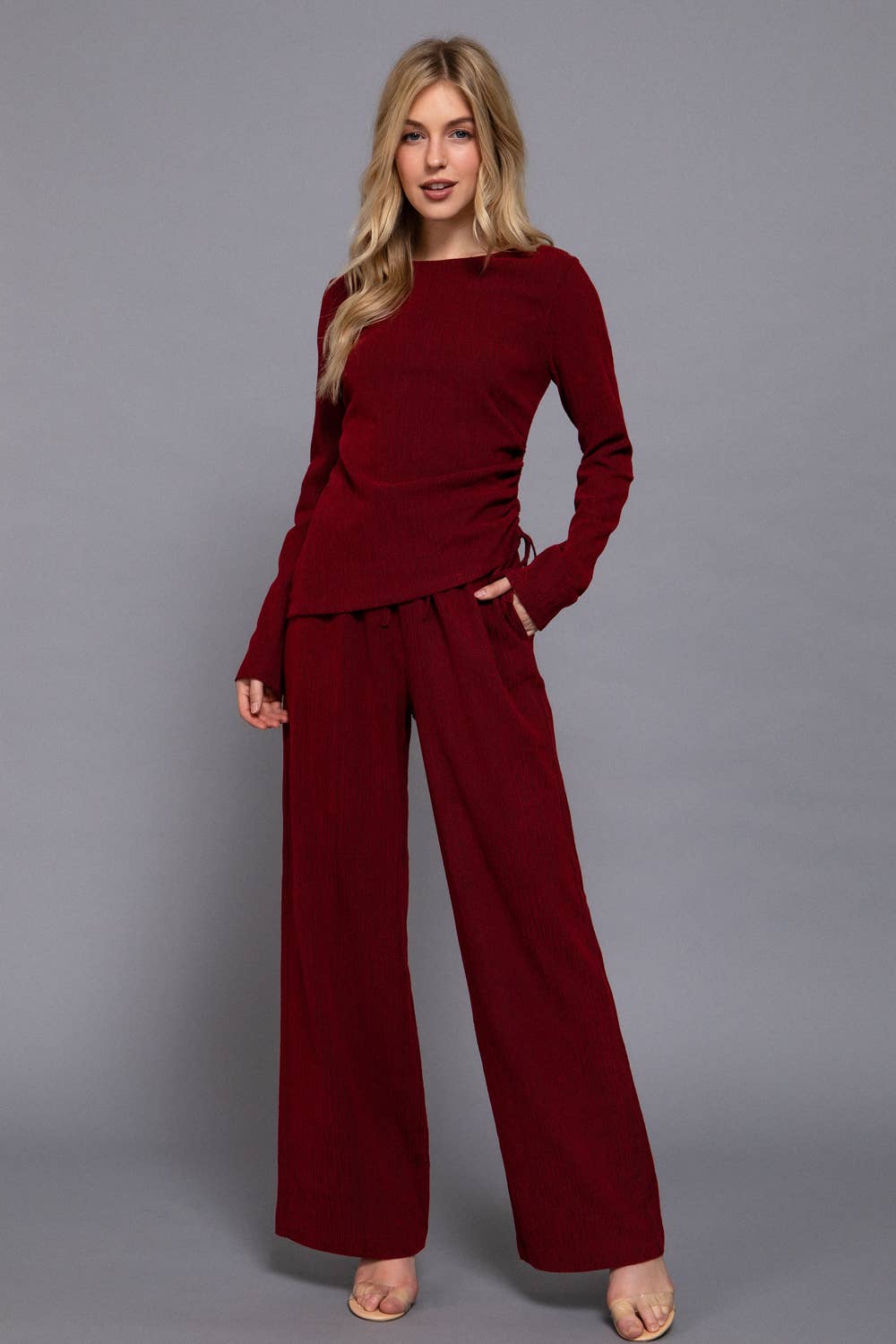 Active Basic | Active USA - Wholesale Knit Top - Women's - Long Sleeve Round Neck Side Ruched Two Tone Texture Knit Top8