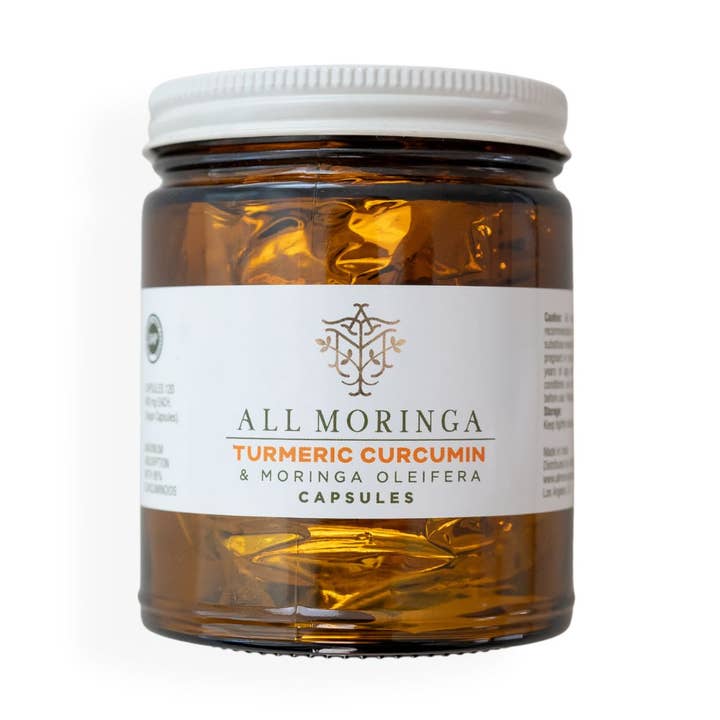 Moringa Leaf and Turmeric Root Capsules 120ct in a Glass Jar for wholesale by All Moringa