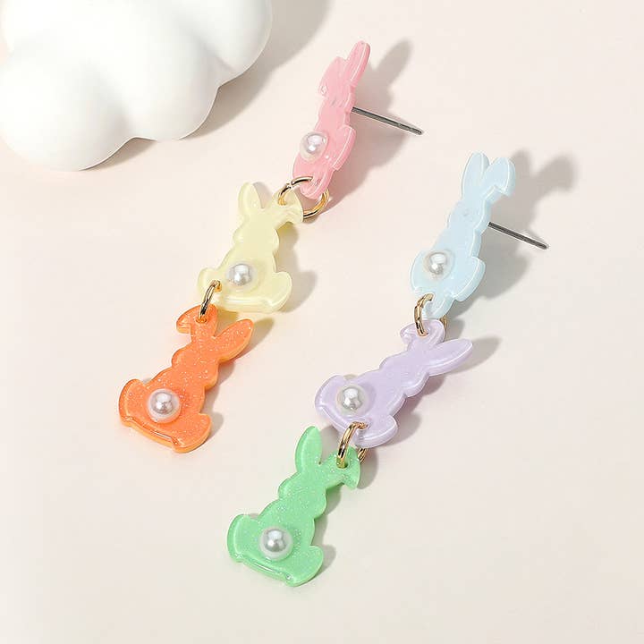 Pearl Pointed Resin Easter Bunny Link Drop Earrings for wholesale by Sensibling Corp.