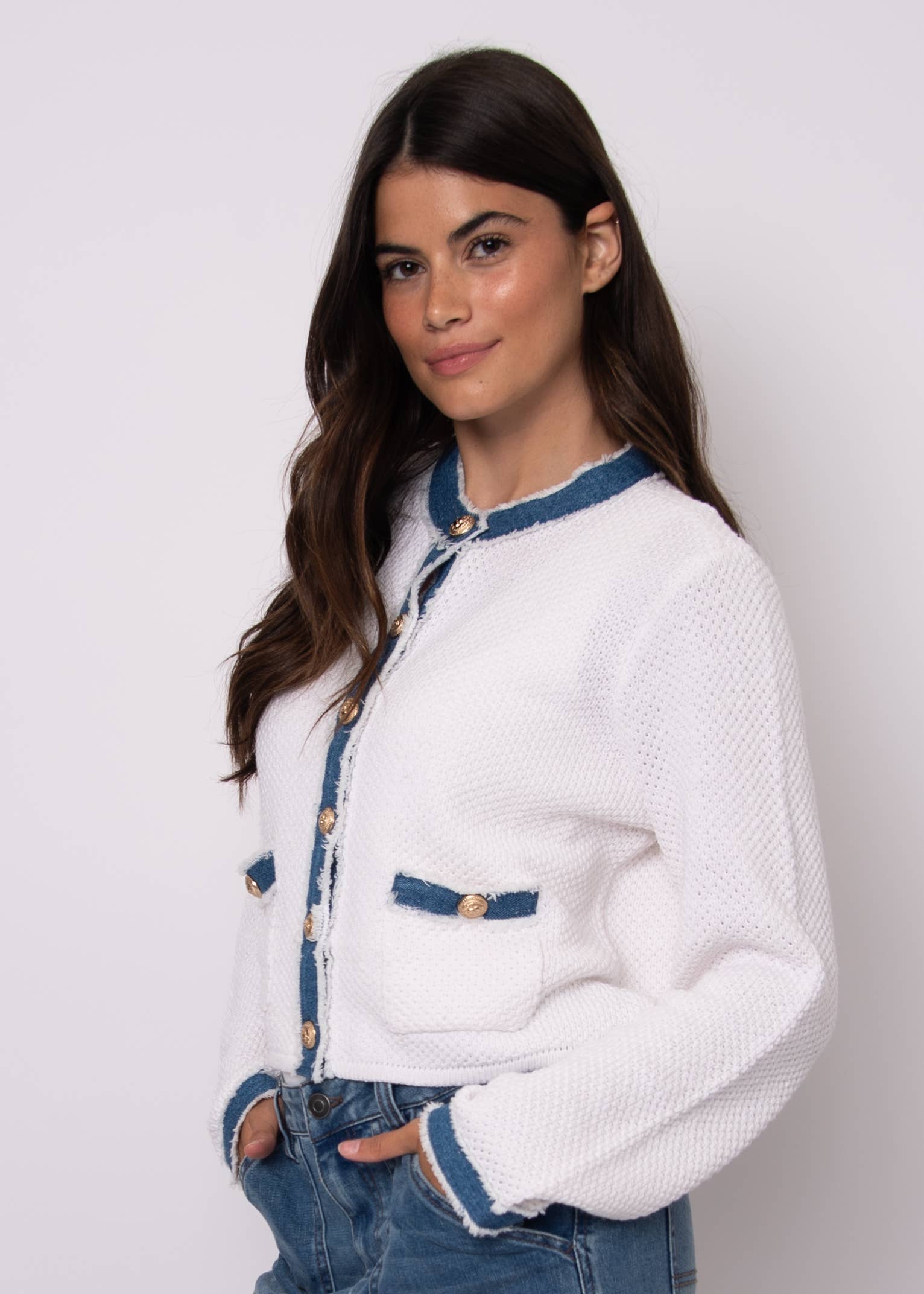 CBC IVORY JAZZLYN LONG SLEEVE DENIM COMBO CARDIGAN- 77S736S for wholesale on Faire1